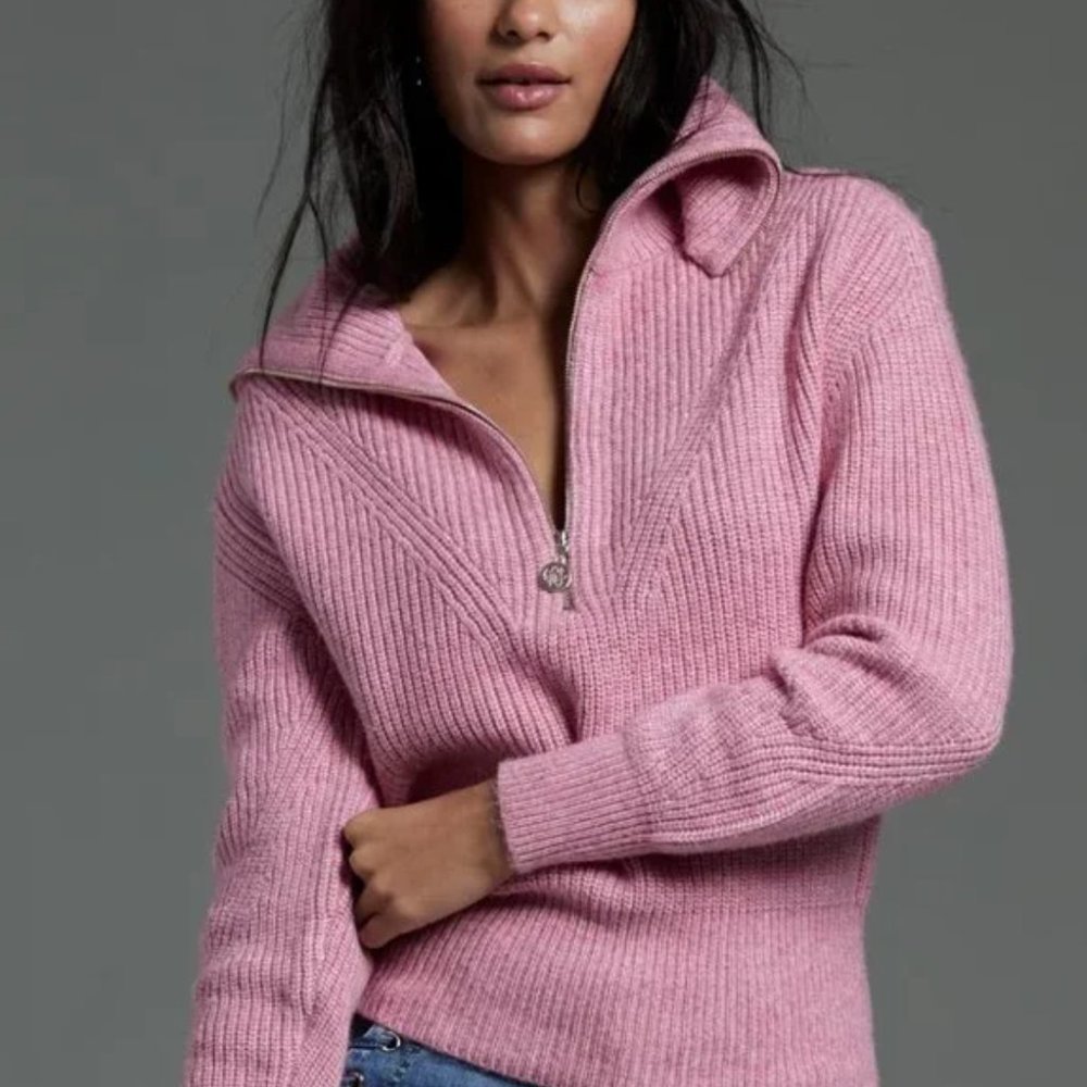 WHBM Zip-Neck Ribbed Pullover in Pink